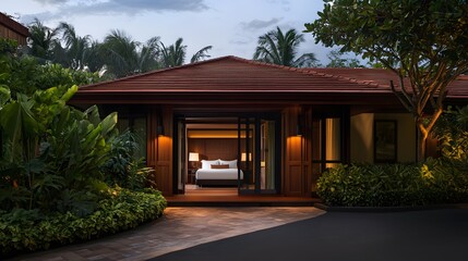 Fototapeta premium Luxurious Tropical Suite Surrounded by Lush Greenery at an Exquisite Resort Featuring Comfort and Serenity for a Perfect Leisure Escape