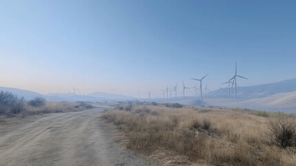Serene Landscape Featuring Wind Turbines Along a Dusty Road in a Hazy Atmosphere with Gentle Hills and Grassy Terrain Under a Clear Blue Sky