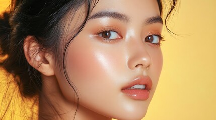 Fototapeta premium A young woman with glowing skin and soft makeup looks over her shoulder.