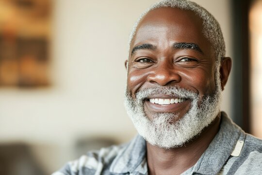 A portrait of a smiling  older Black man with gray hair and beard. He looks happy and content.