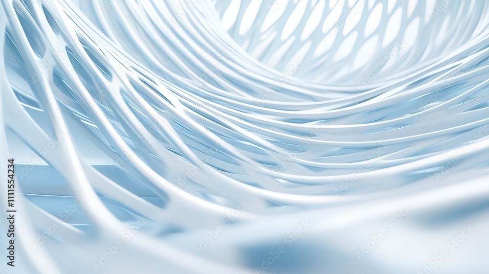 Poster a close-up view of flowing, interwoven white lines creating a soft, abstract pattern against a light