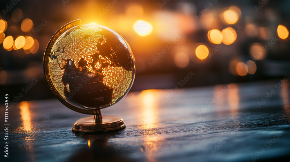 Poster Beautiful globe with illuminated continents and warm bokeh lights in the background