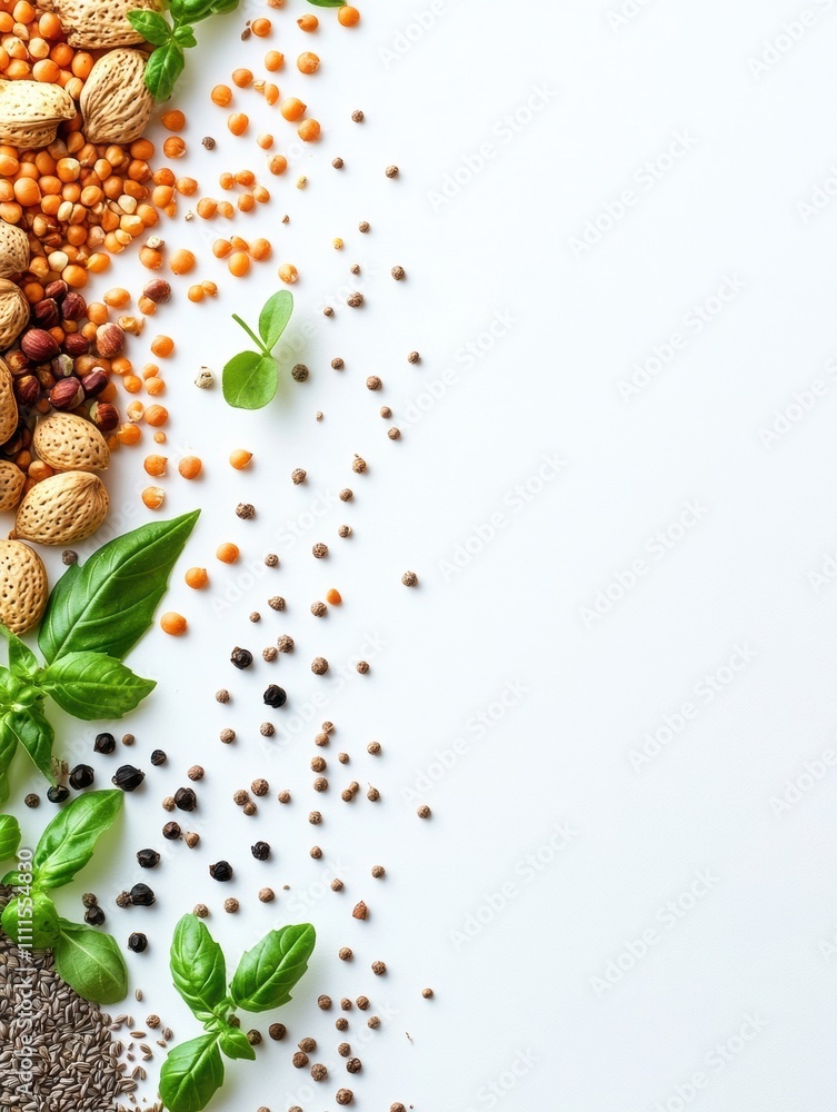 Poster a vibrant array of organic seeds, nuts, and fresh herbs is displayed on a clean white surface, leavi
