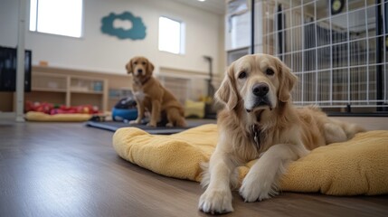 Fototapeta na wymiar Pets in daycare facility with cozy bedding and play area