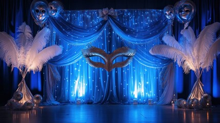 Masquerade-themed New Year's setup with festive masks, silk drapes, and elegant feathers in silver and blue