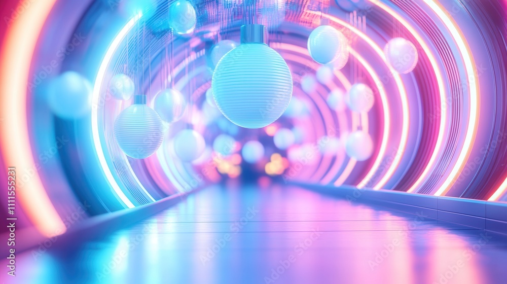 Poster a vibrant, futuristic tunnel illuminated with colorful lights and floating spherical shapes, creatin