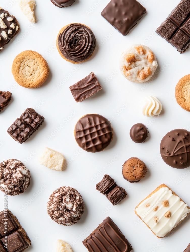 Poster An enticing display of various sweets and cookies laid out on a white background, featuring ample blank space for custom text or designs. Generative AI