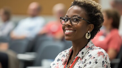 Fototapeta premium Smiling woman in glasses sits at conference. Ideal for themes of education, business, success.