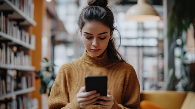 Shopper reading product reviews on mobile phone in store