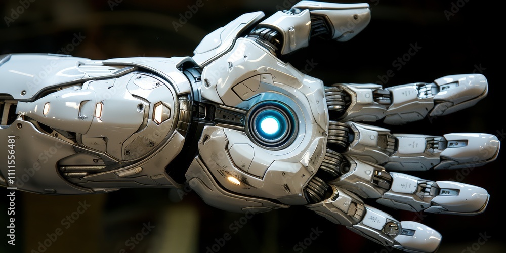 Poster futuristic robotic hand showcasing advanced technology and design elements in a high-tech environmen