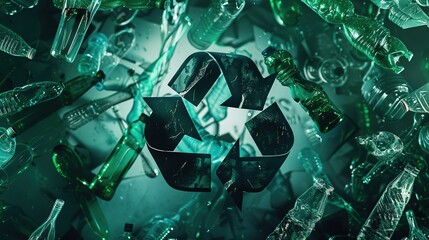 Obraz premium Recycling Symbol and Used Plastic Bottles - An Image of Environmental Pollution and Solution. The Prominent Recycling Symbol Alongside the Piled - Up Used Plastic Bottles, Representing the Urgency of 