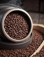 Fototapeta premium Coffee beans in a coffee roaster or drum roaster machine , coffee processing, coffee roasting machine, coffee drum roaster
