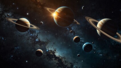 planet in space , Many planets with rings, stars, and nebulae in space.