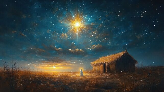 Nativity Scene of the Holy Family Under the Starry Sky with Mary Joseph and Baby Jesus in a Humble Stable