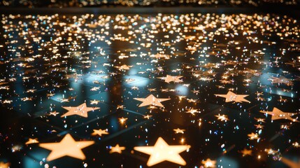 Mirrored stars scattered across the floor, reflecting the party lights in a celestial pattern.