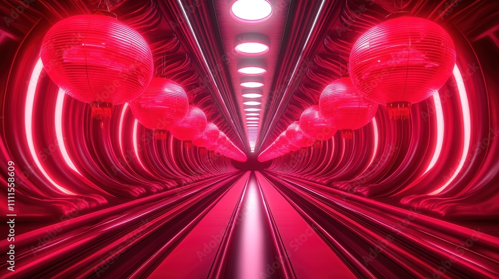 Poster a vibrant corridor illuminated in red, featuring glowing lanterns, creating a futuristic and immersi