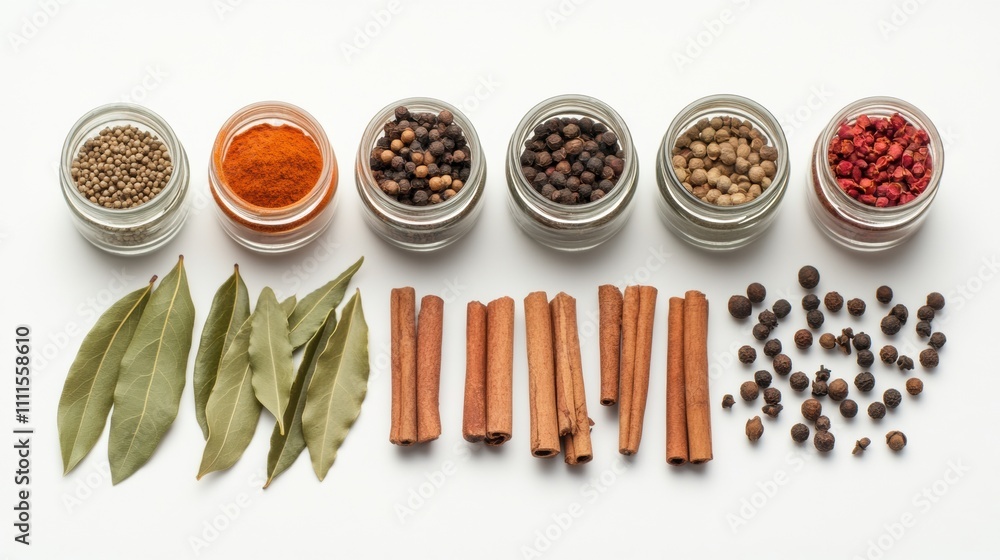 Poster a collection of colorful spice jars, bay leaves, and cinnamon sticks is displayed on a white surface