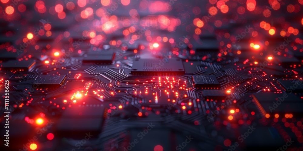 Poster visual representation of cybersecurity chaos with glowing circuits and electronic components illustr
