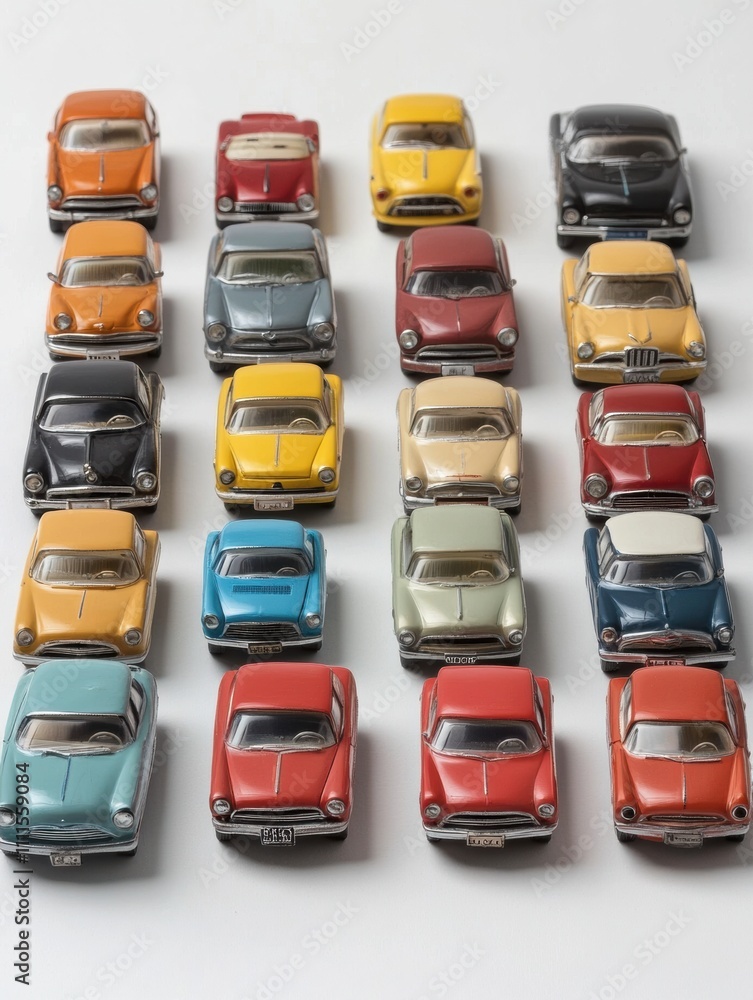 Poster Various colorful miniature car models are neatly arranged on a white background, providing ample space for any text or branding needs. Generative AI