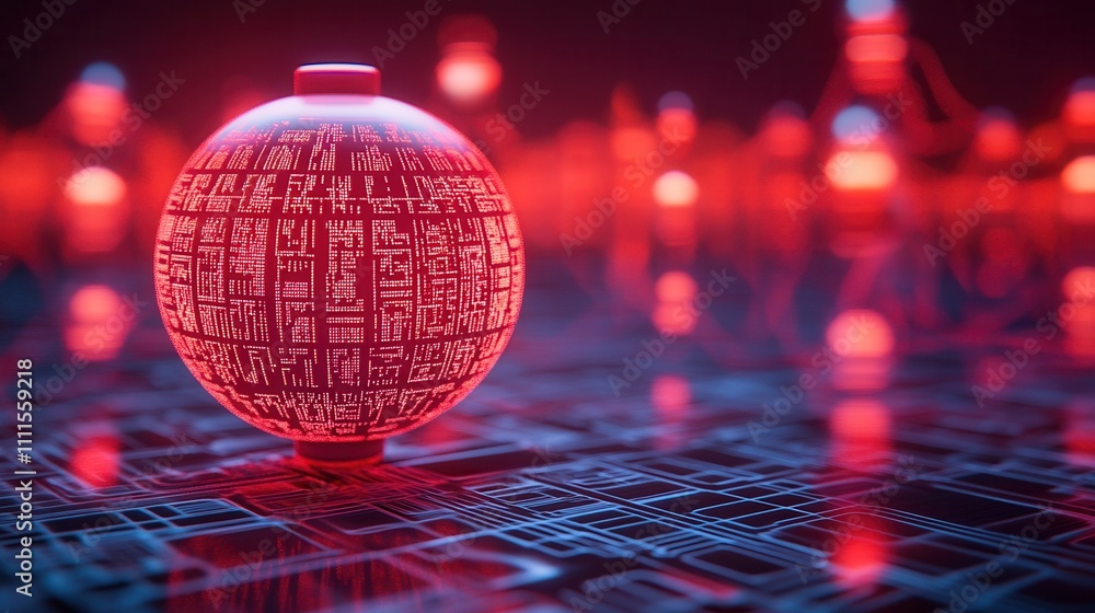 Poster a glowing red sphere with intricate patterns stands out against a dark, tech-inspired background, ev