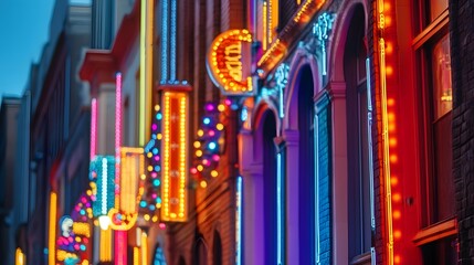 Fototapeta premium Vibrant Neon Lights Illuminate City Street Buildings