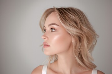 Naklejka premium Elegant blonde woman with glowing skin, profile view, natural makeup, minimalistic portrait, soft studio lighting, clear background, youthful beauty, copy space for text