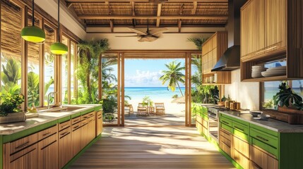 Bright and Modern Tropical Kitchen with Open View of Beach and Palm Trees, Featuring Wooden Cabinets, Green Accents, and Abundant Natural Light in a Serene Environment