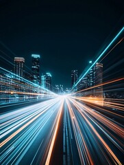 Fototapeta premium A futuristic cityscape powered by fiber optic systems, beams of light flowing through the skyline to illustrate communication efficiency