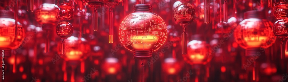 Poster a mesmerizing array of red orbs hanging against a blurred background, creating a captivating, dreaml