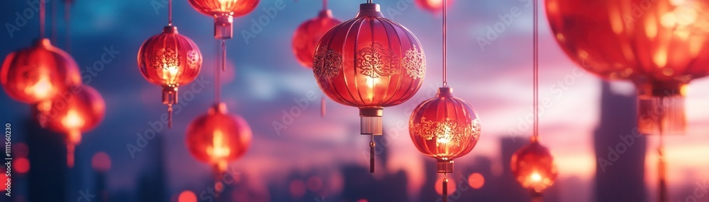 Poster a vibrant display of red lanterns against a colorful sunset backdrop, creating a festive and enchant