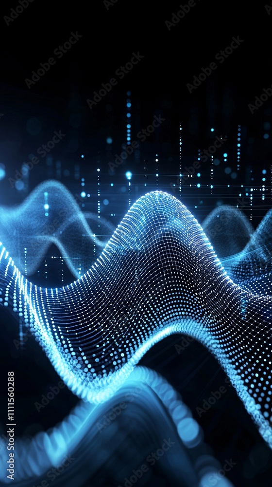 Poster an abstract visualization of fiber optics transmitting data, waves of light and energy cascading thr