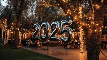 Modern outdoor New Yeara??s setup with an oversized '2025' balloon display in silver and black surrounded by fairy lights draped around trees