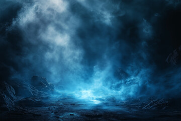 Fototapeta premium Dark background, glowing blue light on the ground, smoke surrounding the scene, dark fantasy style, game design, concept abstract art.