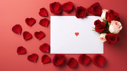 Romantic theme with roses, heart petals, and a white envelope featuring a small heart for love letters, invitations, or special occasions in a vibrant setting
