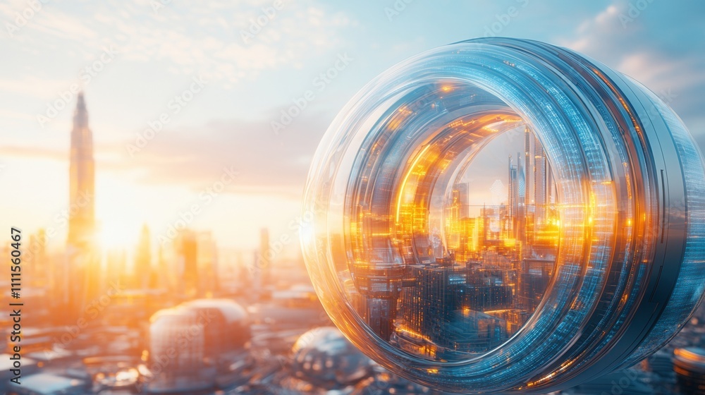 Poster a futuristic cityscape with a transparent, circular structure reflecting sunlight, showcasing advanc
