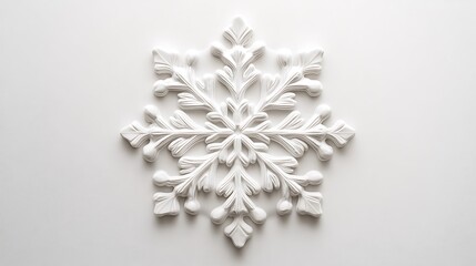 A minimalist snowflake design crafted in smooth white ceramic, perfectly symmetrical, placed on a clean white background, soft natural lighting creating delicate shadows and highlights, hd quality,