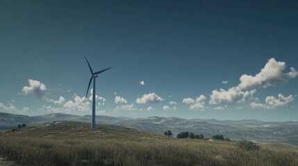 Serene Landscape with Wind Turbine in a Green Meadow Under a Clear Sky with Gentle Clouds and Rolling Hills in the Background for Renewable Energy Themes