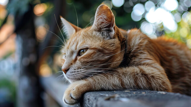 Relaxed orange tabby cat lounging on a wooden surface in a garden with soft focus highlighting its peaceful demeanor