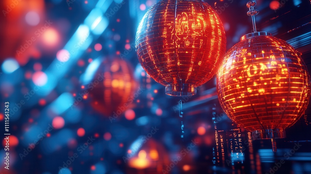 Poster vibrant red lanterns glow against a colorful, illuminated background, creating a festive and enchant