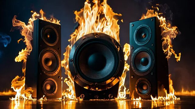 Close-up of a speaker engulfed in fire, creating a dramatic and vibrant music background effect