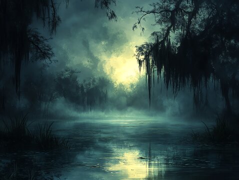A misty swamp at night with a full moon shining through the trees.