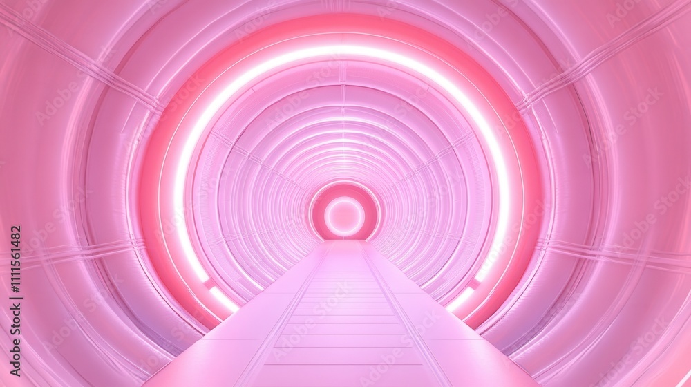 Poster a futuristic, glowing tunnel featuring concentric circles and soft pink lighting, creating a surreal