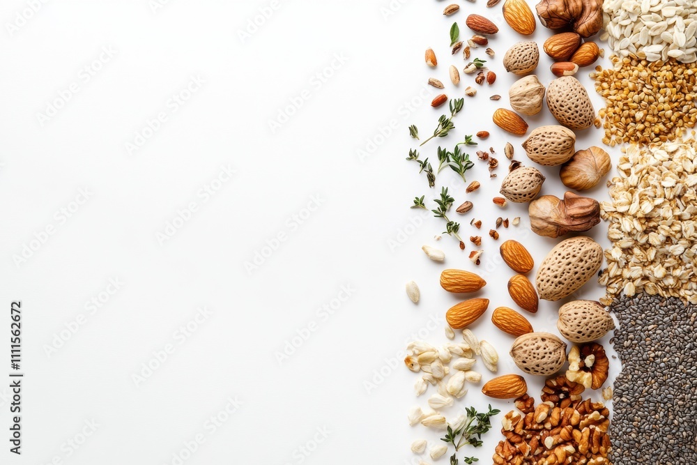 Aufkleber natural seeds, nuts, and herbs are beautifully arranged on a clean white surface, creating a perfect