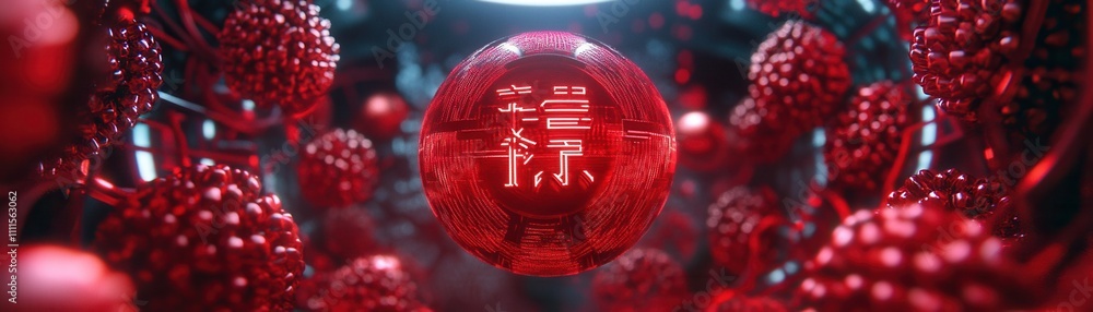 Poster a futuristic scene featuring red spheres surrounded by intricate patterns, evoking themes of technol