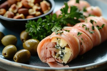 Cheese and turkey roll-up with olives and nuts, concept of healthy snacking