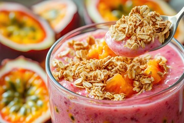 a spon of Smoothie with granola and fresh fruit, concept of vibrant health and freshness