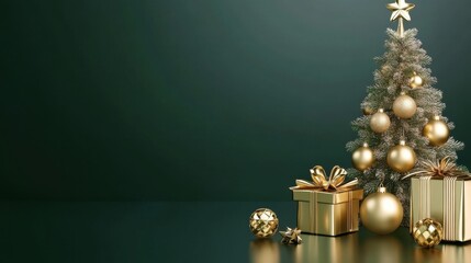 Elegant Golden Christmas Tree Ornaments with Gifts on Deep Green Background