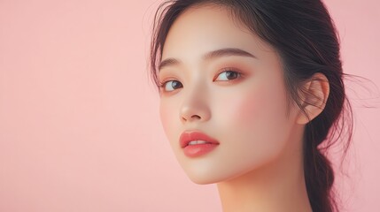 Naklejka premium A young woman with soft makeup and glowing skin looks at the camera.