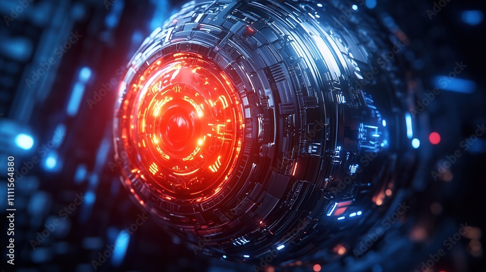 Poster a futuristic, glowing sphere featuring intricate metallic patterns and a vibrant red core, set again