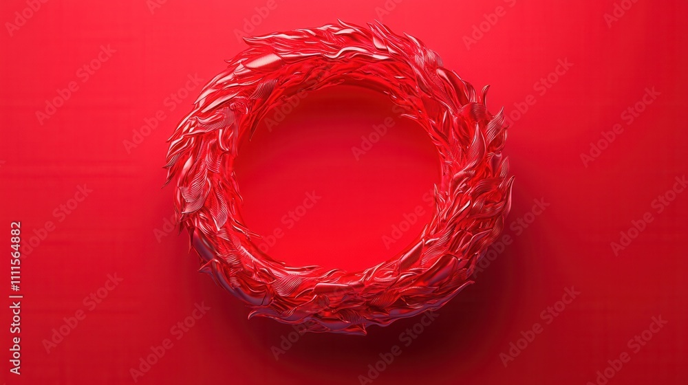 Poster a circular, textured object in red tones, set against a solid red background, creating a vibrant vis